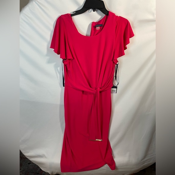 Tommy Hilfiger women's pink belted short sleeve jewel neck dress - Picture 1 of 4